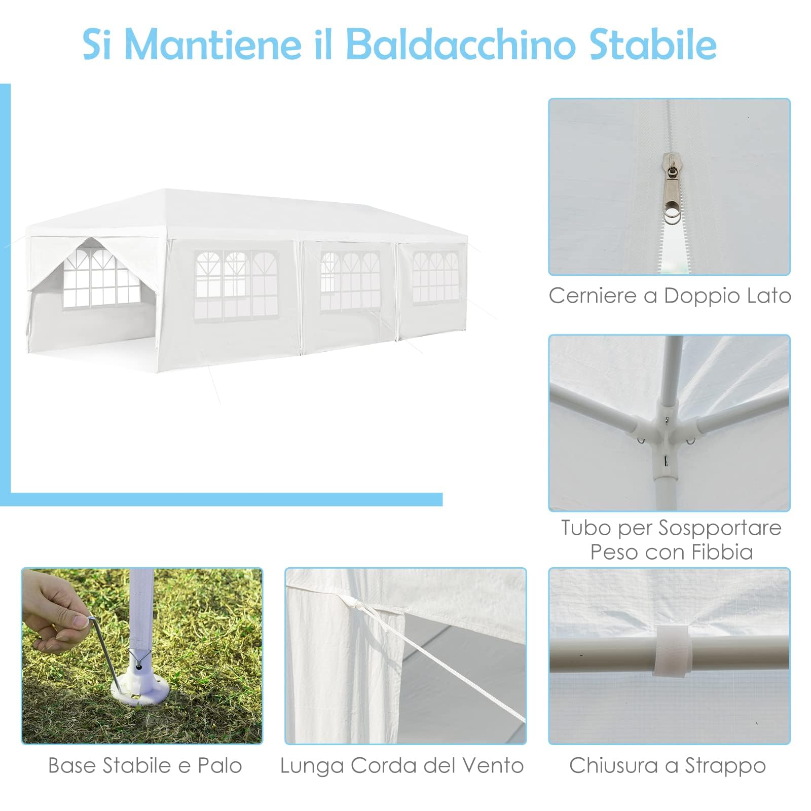 RELAX4LIFE Carpa Plegable 3x9m con 8 Paredes Desmontables y Ventanas, Carpas para Exteriores con 8 Cuerdas de Viento, 24 Clavos y Bolsa de Transporte, Cenadores para Jardín, Camping (3X9M-8 Paredes)