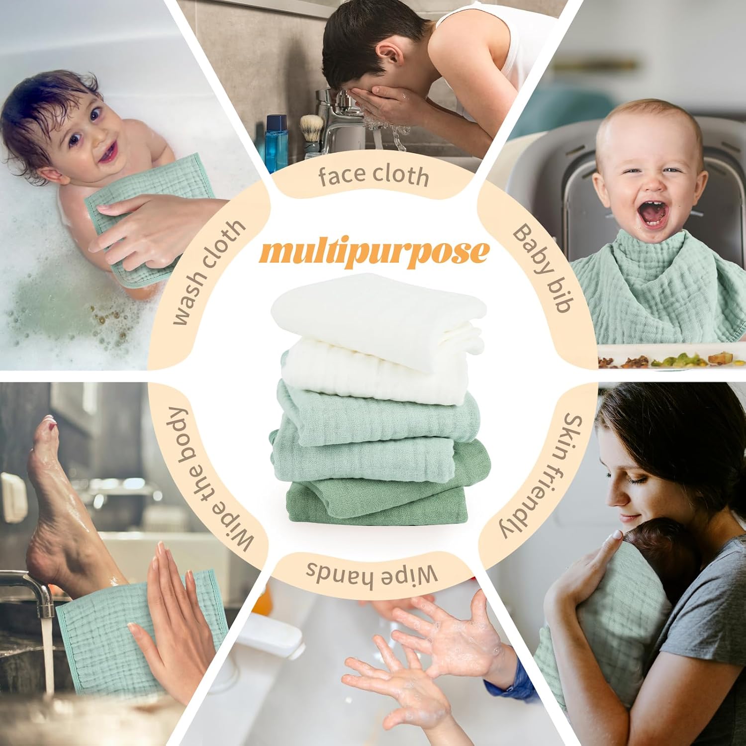 Baby Burp Cloth 100% Cotton Newborn Cotton Muslin Burp Cloth 10x20 inches (White & Green 6 Pieces) - Image 4