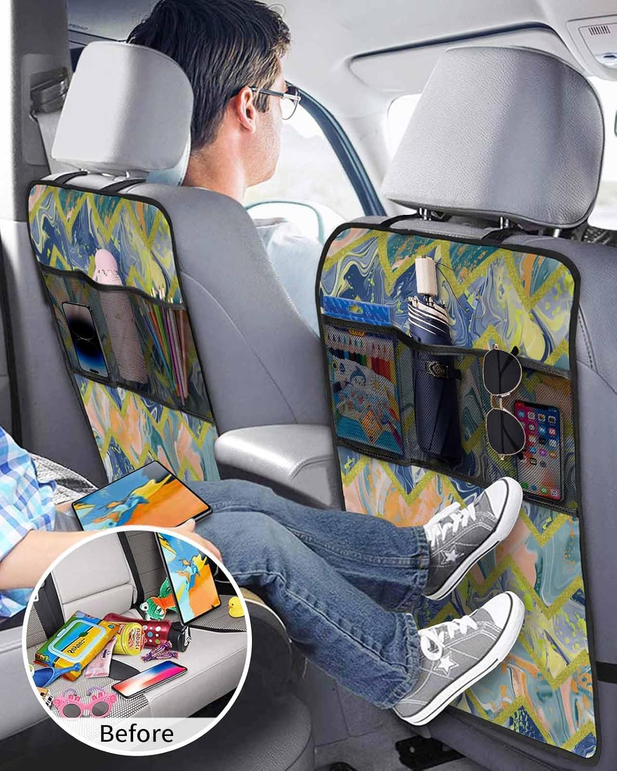 Car Seat Protector, 2 Pack Kick Mats with Organizer - 3 Pocket Storage, Navy Blue Marble Abstract Geometric Contemporary Art Back Seat Cover for Kids Universal Fit Automotive Interior Protectors