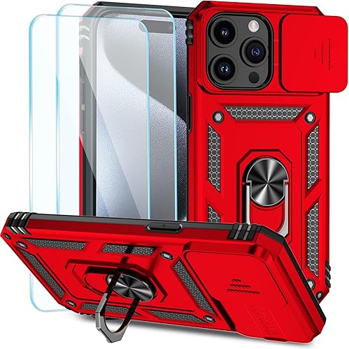 SunStory Funda compatible con iPhone 15 Pro Max con protector de pantalla HD, cubierta de cámara deslizante y soporte de anillo giratorio, [grado