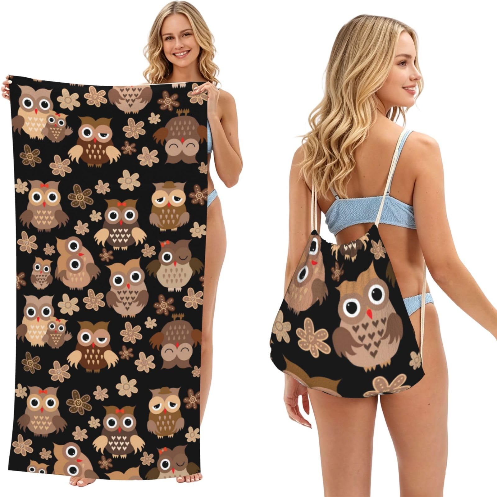 Poadnly As Picture Cute Owl, 2 In 1 Packable Towel Bag, Beach Towels With Drawstring Backpack For Travel Holiday Camping