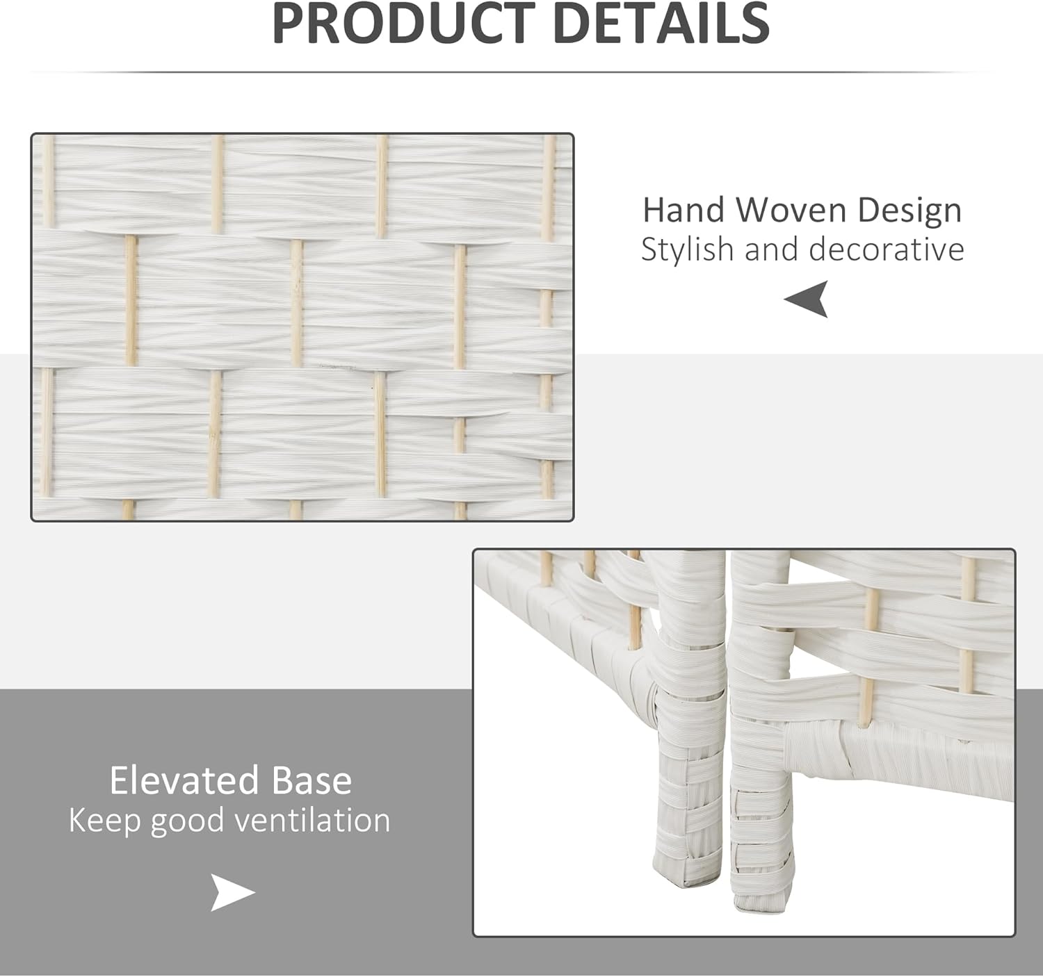 Close-up of the hand-woven design and elevated base of the room divider