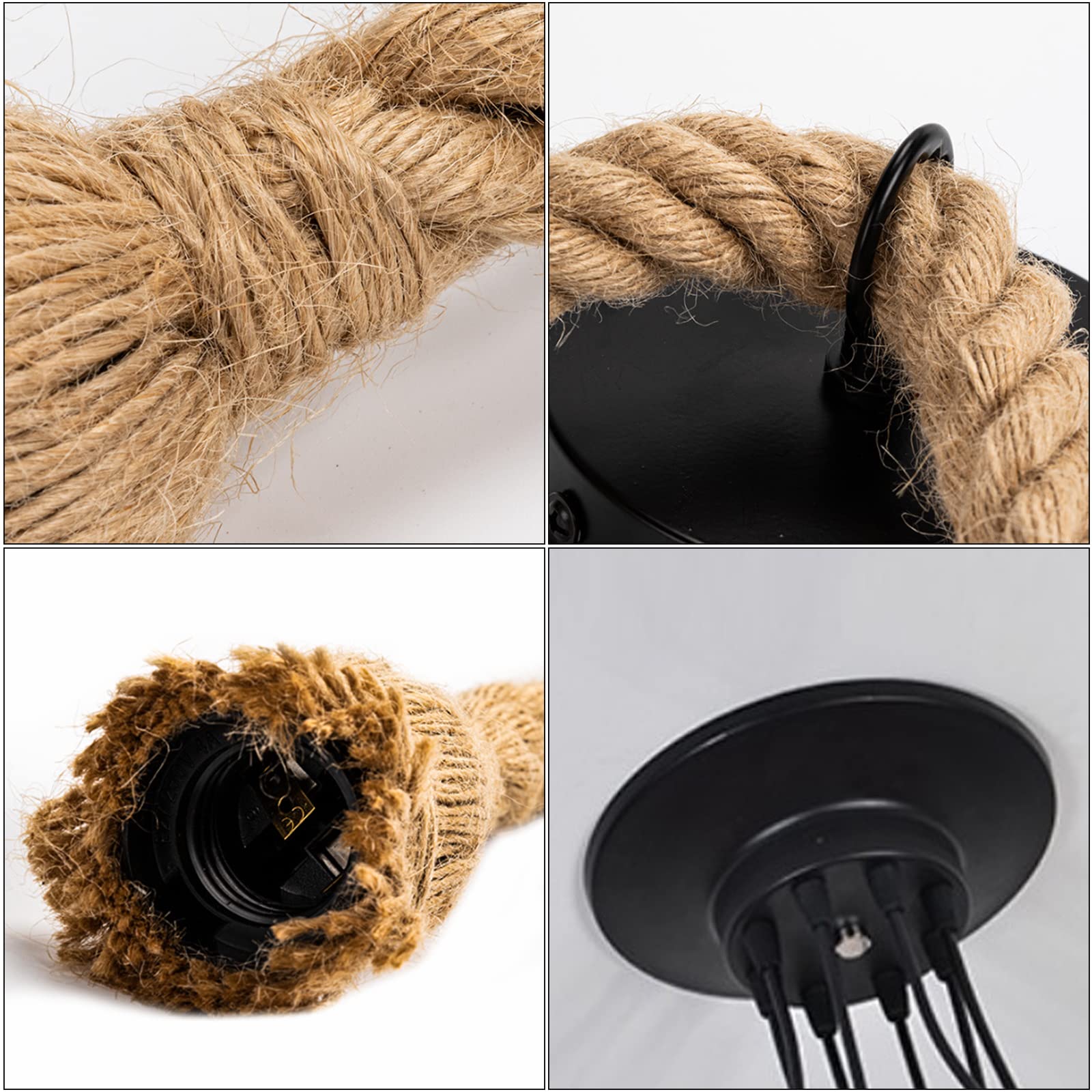 Lámpara de araña industrial retro de cuerda de cáñamo, lámpara colgante Hemp Rope Light con 1/3/6 luces, cuerda de cáñamo DIY vintage colgante con portalámparas E27, para sala de estar