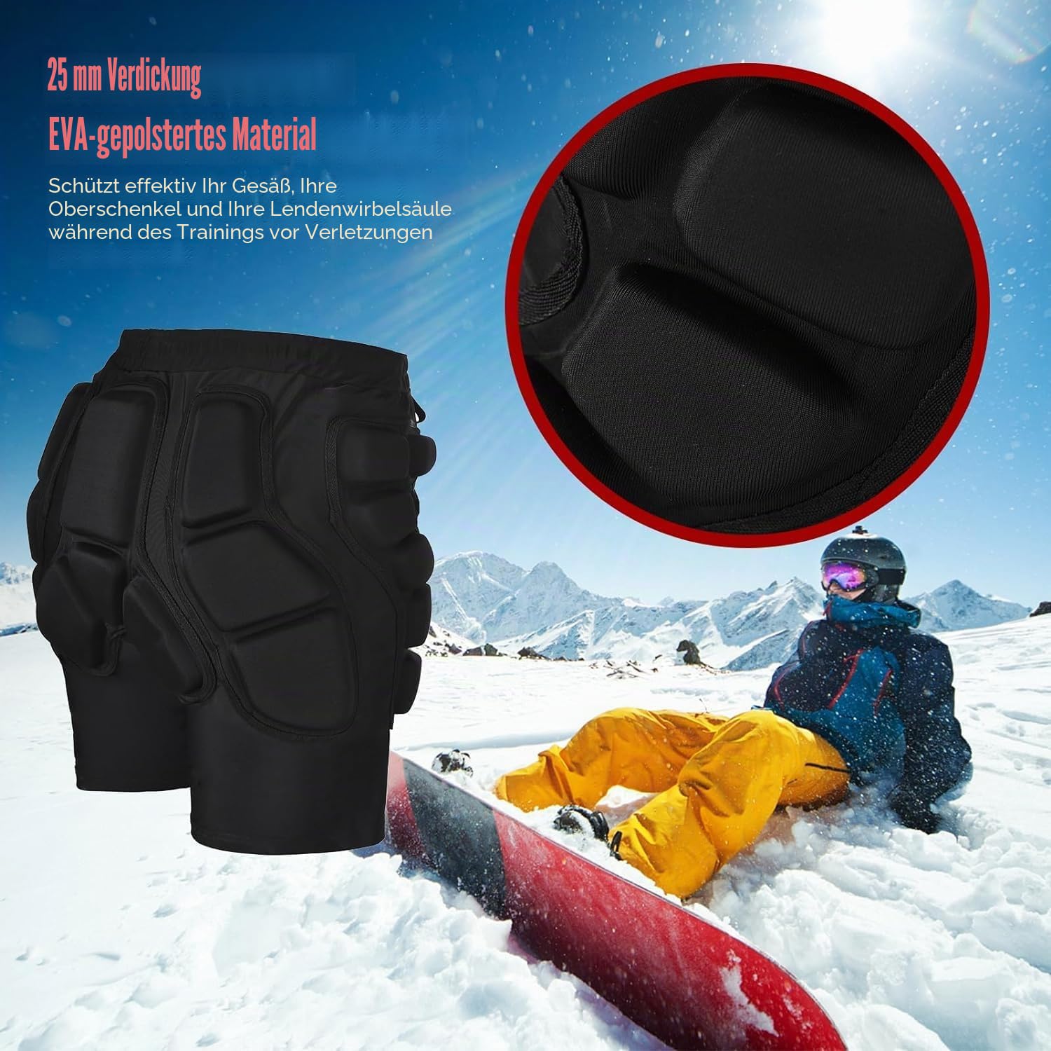 Protektorenhose, Gepolsterte Shorts, 3D Hüftpolster Schutz Shorts, Schützende Snowboard Shorts für Snowboarding, Skaten und Skifahren, Po und Steißbein