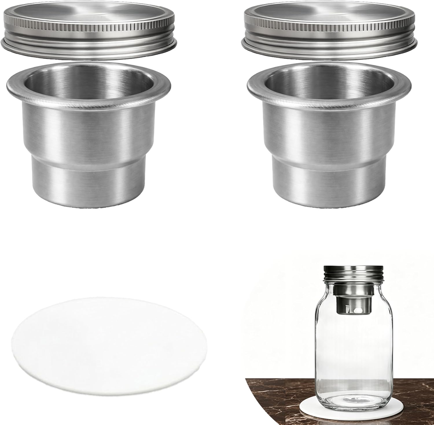 Mason Jar Salad Dressing Insert Divider Cup 2 Pack for 3.38 in (86 mm) Wide Mouth, Stainless Steel Meal Prep Separator with Non-Slip Grip Pad Jar Opener for Salads, Dips & Snacks, Jar Not Included
