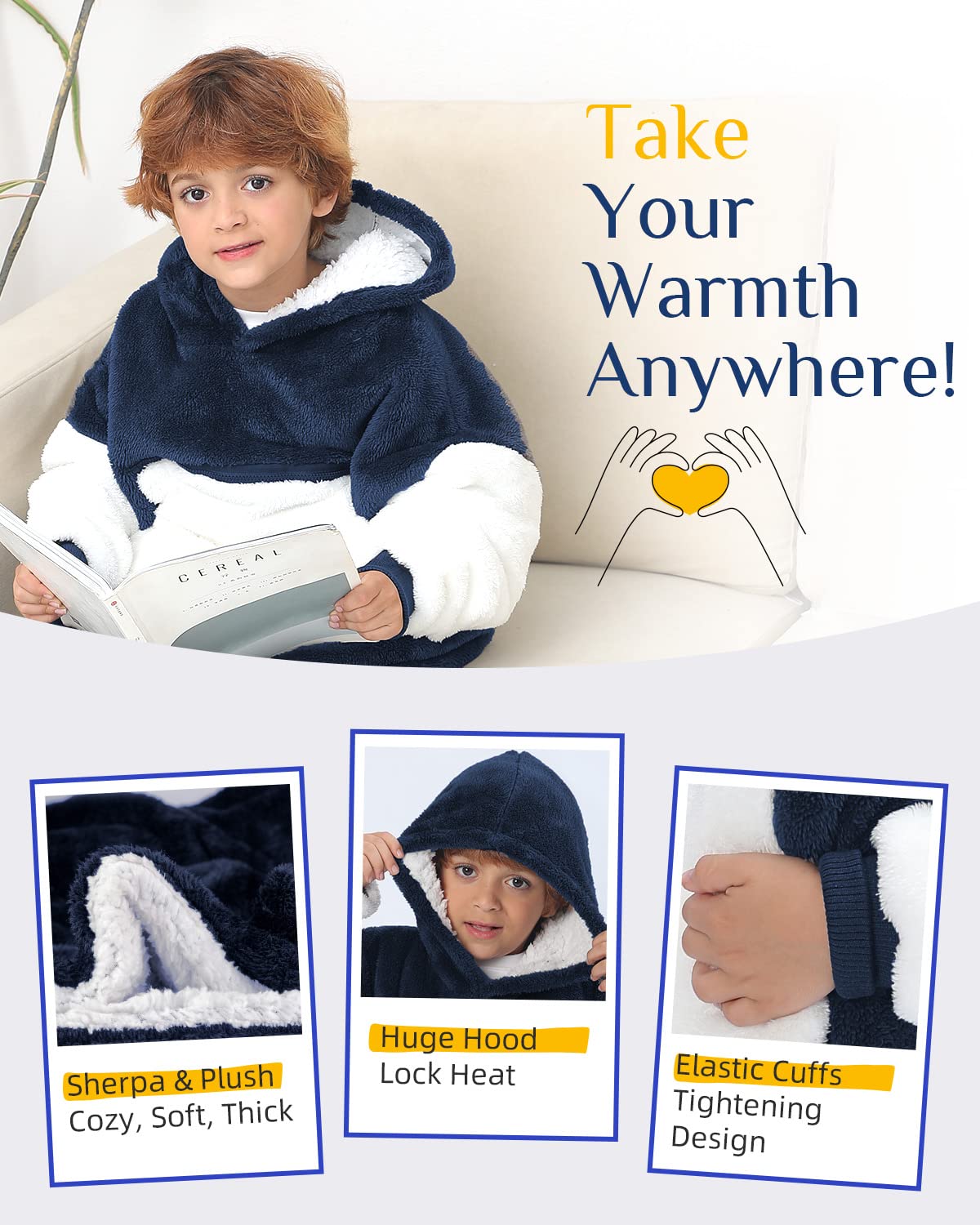 Argstar Übergroße Hoodie decke Kinder, tragbare Decken Hoodie für Mädchen Junge, weiche Kapuzendecke, kuschelige Sherpa-Decke, warmes Hoodie mit Tasche und Ärmeln, Navy blau