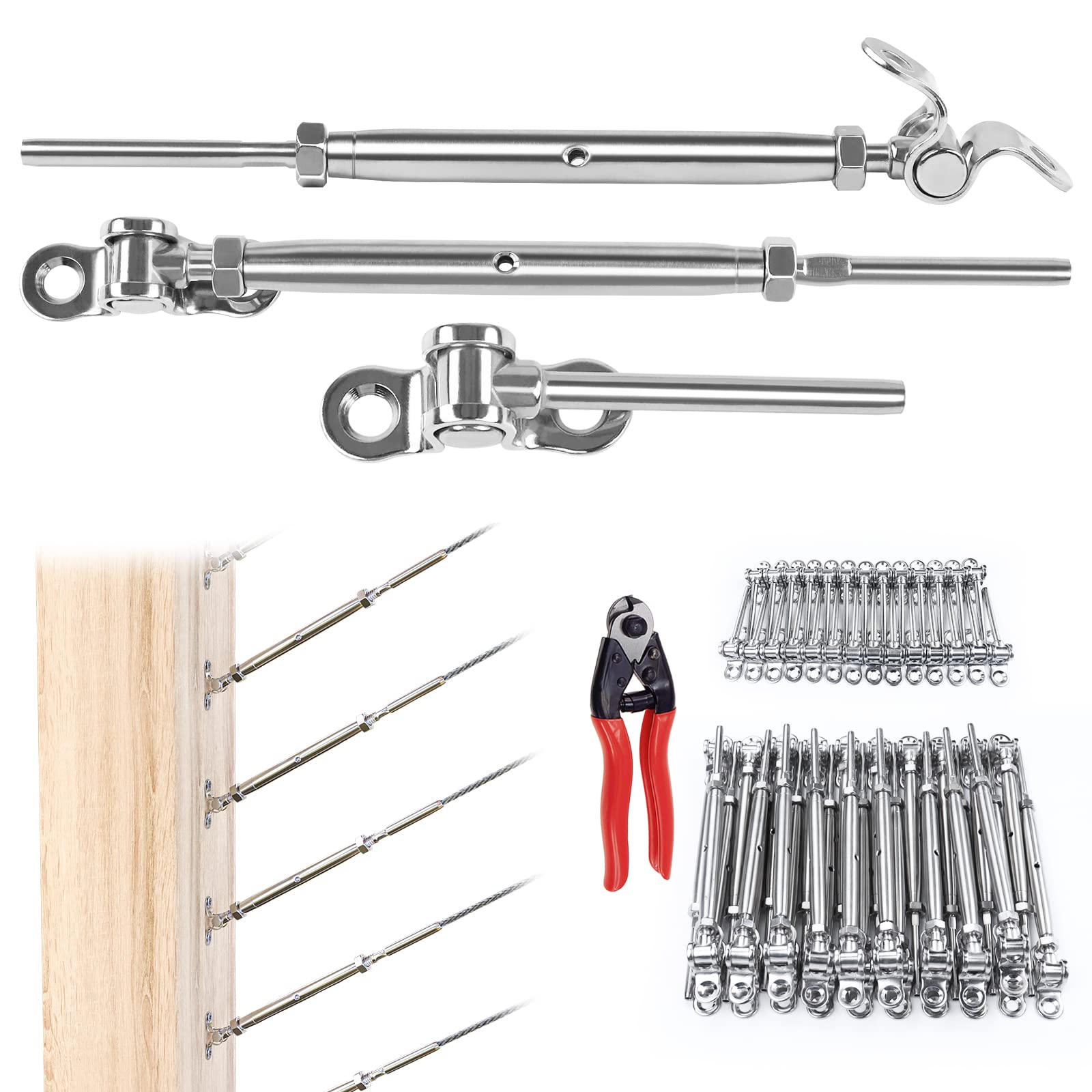 Muzata 32Pairs Cable Railing Kit 1/8" Swage Toggle Turnbuckle Hardware T316 Stainless Steel for Wood Post WoodEasy System Angle 180° Adjustable Stairs Deck 32 Cable Lines CK07 NN1,CA4 CA5