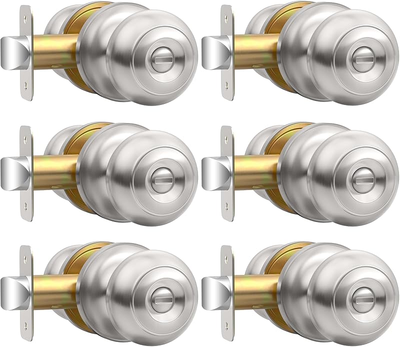 AEEKEL Privacy Door Knob with Lock, Keyless Door Knobs Interior Lock 6 Pack | Keyless Brushed Nickel Interior Bedroom Door Knobs with Lock, Bathroom Door Knob for Left/Right Handle Door, Adjustable Latch