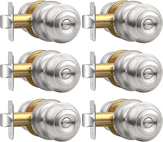 Privacy Door Knob, Brushed Nickel Door Knobs Interior Keyless Locks Set(6 Pack), Bedroom Bathroom Door Knob with Lock, Reversible for Left/Right Door Handle