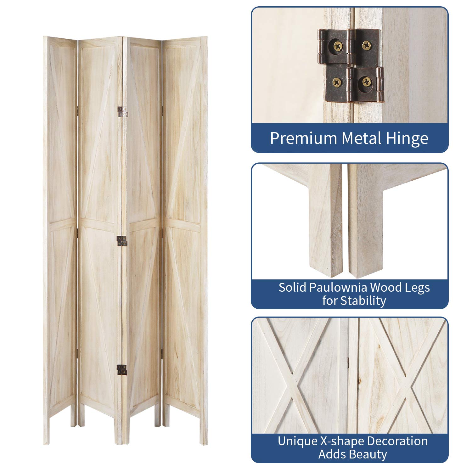 oneinmil 4 Panel Wood Room Divider, 5.8 Ft Tall Folding Privacy Screens Room Divider