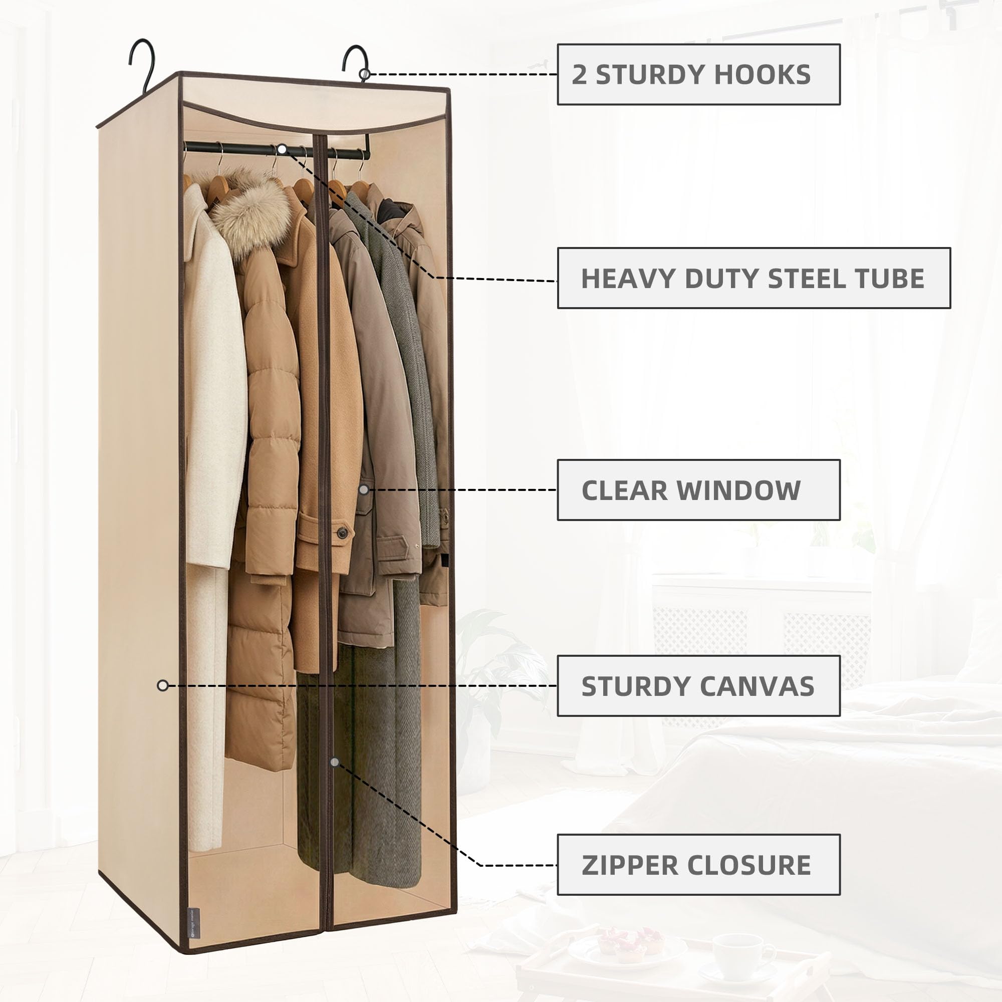 STORAGE MANIAC Kleidersäcke zum Aufhängen, 145 cm lang, für Kleiderschrank, große hängende Kleidertasche für Kleider, Anzüge, Mäntel, Reißverschlussabdeckung mit versiegeltem transparentem Fenster