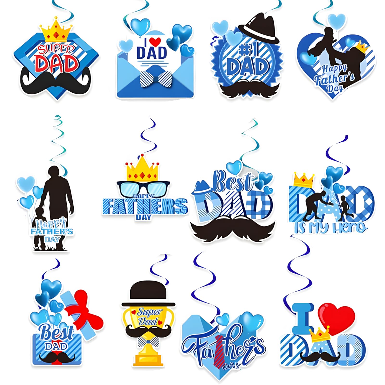 24 Pcs Fathers Day Decorations, Dad Birthday Gifts, Dad Gifts, Easy to Assemble and Hang for Father's Day Party, Ceiling, Doorway, Window Decor, 12 Sided Hanging Cards and 12 Swirl Decorations