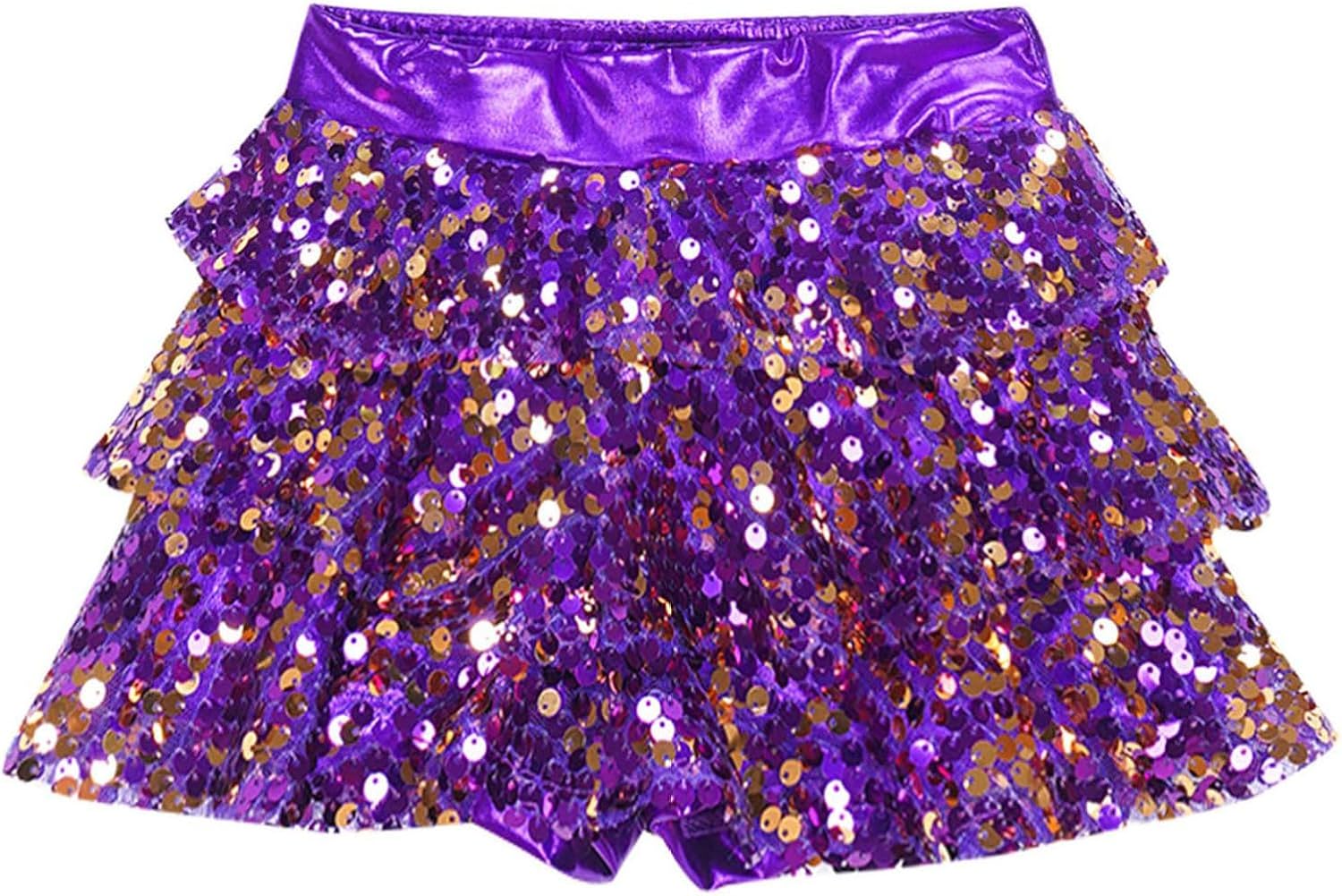 Jugaoge Girls Sequin Skirt Kids Layered Latin Dance Mini Skirt Metallic Elastic Waist Glitter Skater