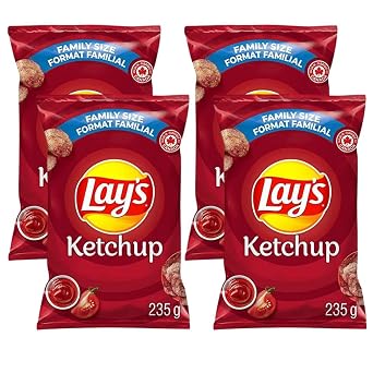 Lays Ketchup Potato Chips Family Bag; Canadian Chips; For Sharing; 235g/8.28oz Pack of 4 Shipped from Canada