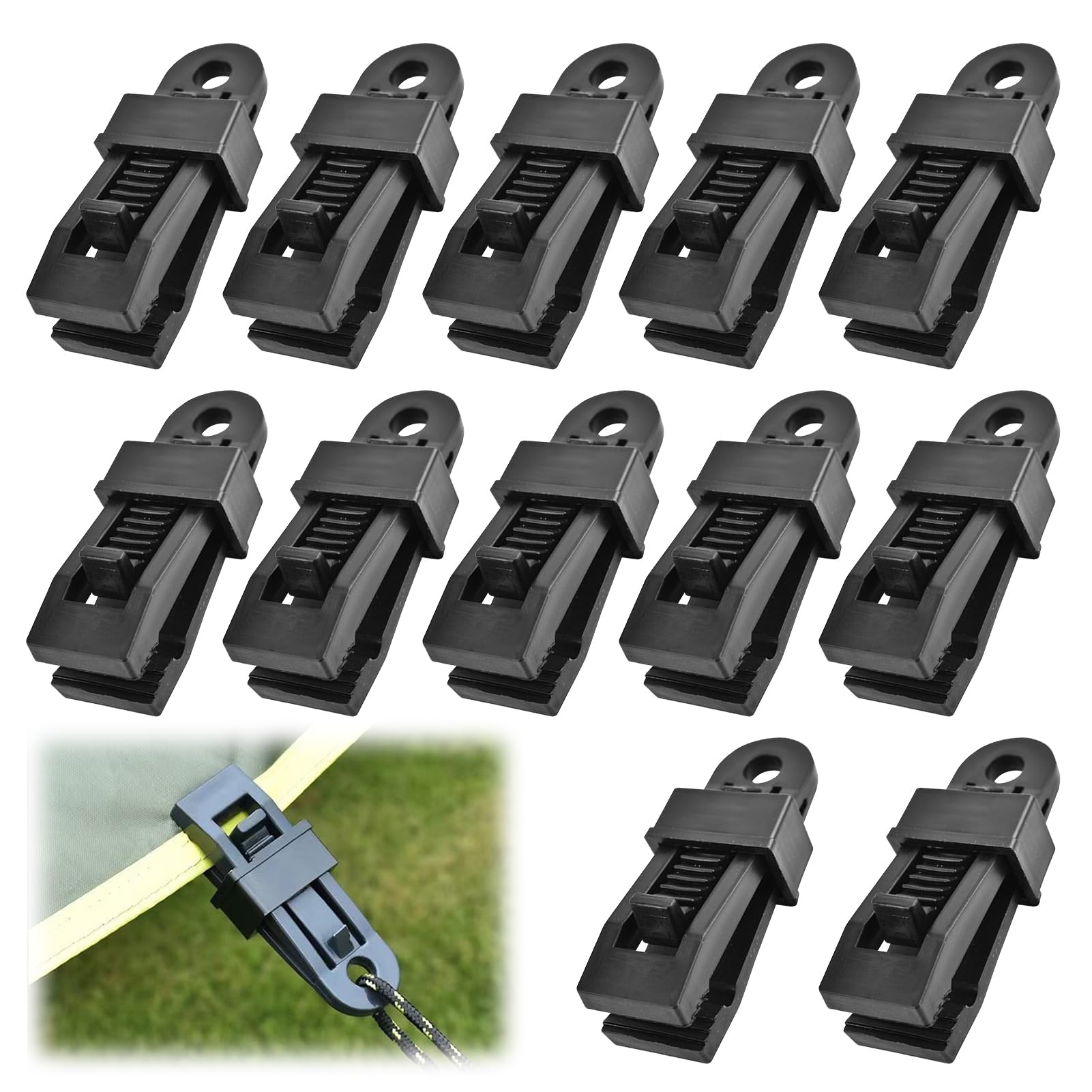 Ajinacious Black 12 Pcs Heavy Duty Tarpaulin Clips Set, Tarp Clamps With Crocodile Mouth Design – Durable Plastic Tent Clips For Camping, Boat Covers, Awnings, Shade Cloth, And Outdoor Use