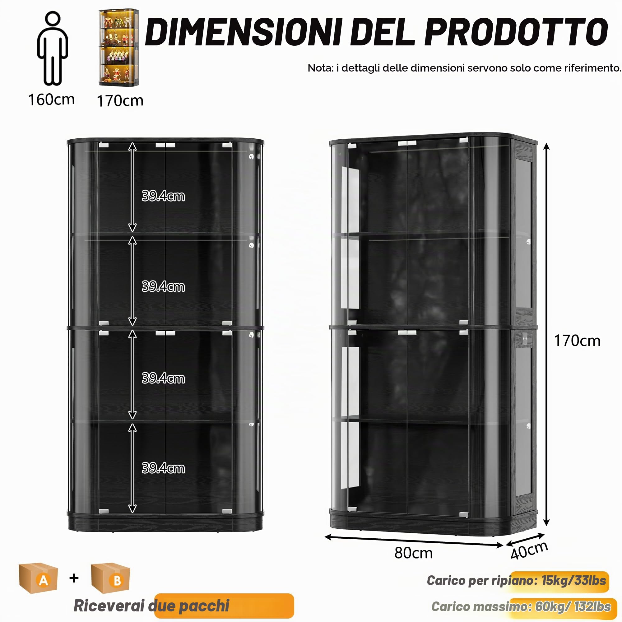 MSFE 170CM Vetrina in Vetro con LED, Vetrina Espositiva con Sensore Intelligente, Vetrinetta per Collezionismo, 4 Ripiani Vetrinetta Autoportante in vetro, Per Soggiorno,Ufficio,Cucina,Bar,Studio