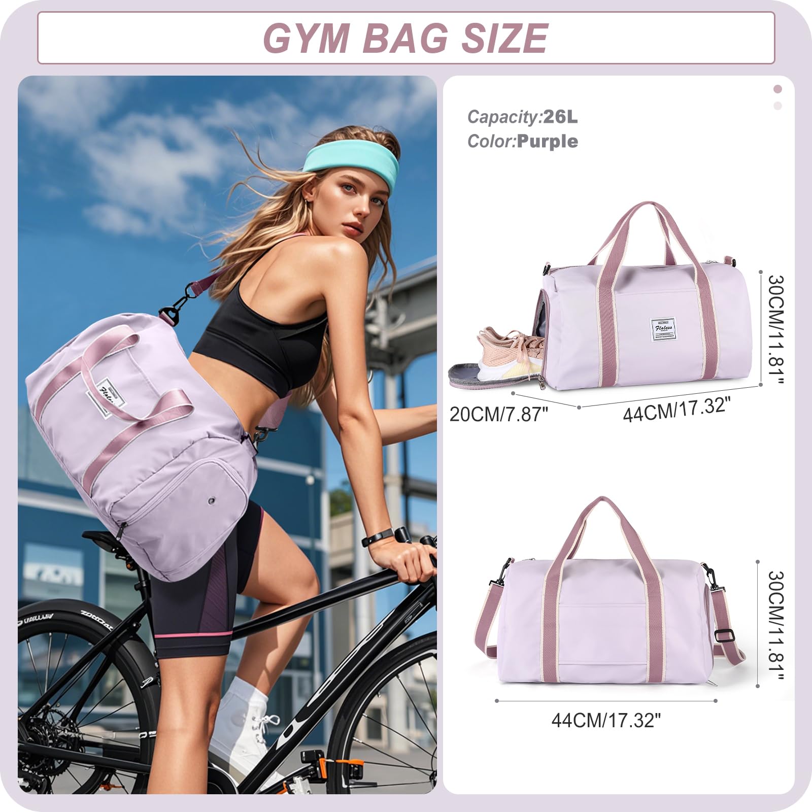 HYC00 Borsone Palestra Sportivo Donna Grande Borse da Palestra con Scomparto per Scarpe Borsone da Viaggio Weekend Borsa Sportiva Piscina Donna Borsa per Ospedale Duffel Bag per Sport Viaggio,Viola
