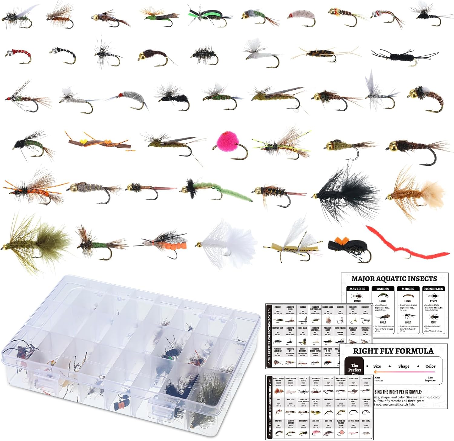 122 Hand Tied Fly Fishing Flies Assortment with ID Cards 2 Boxes Included Dry, Wet, Nymphs, Streamers, Wooly Buggers, Terrestrials Trout, Bass Lure Set Fly Fishing Accessories Kit Gift