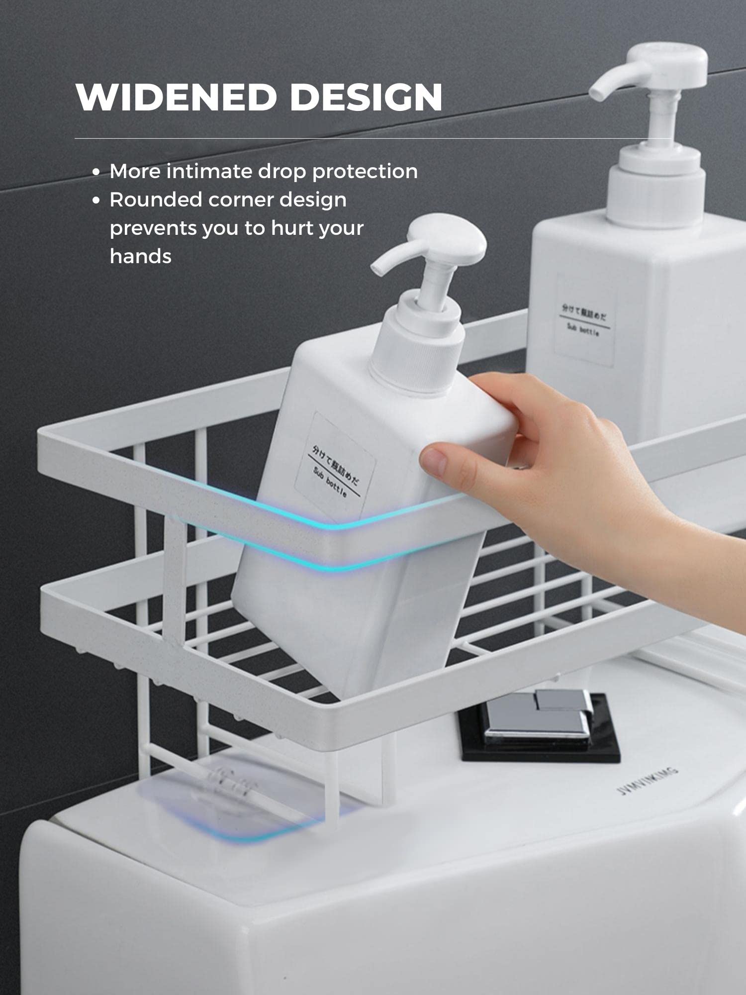 Estantería de Baño sobre el Inodoro. Organizador sobre el WC de Base Adhesiva con Tres Ganchos para Colgar Esponjas o Cepillos. Balda de Inodoro para Almacenar Papel Higiénico y Accesorios de Baño.