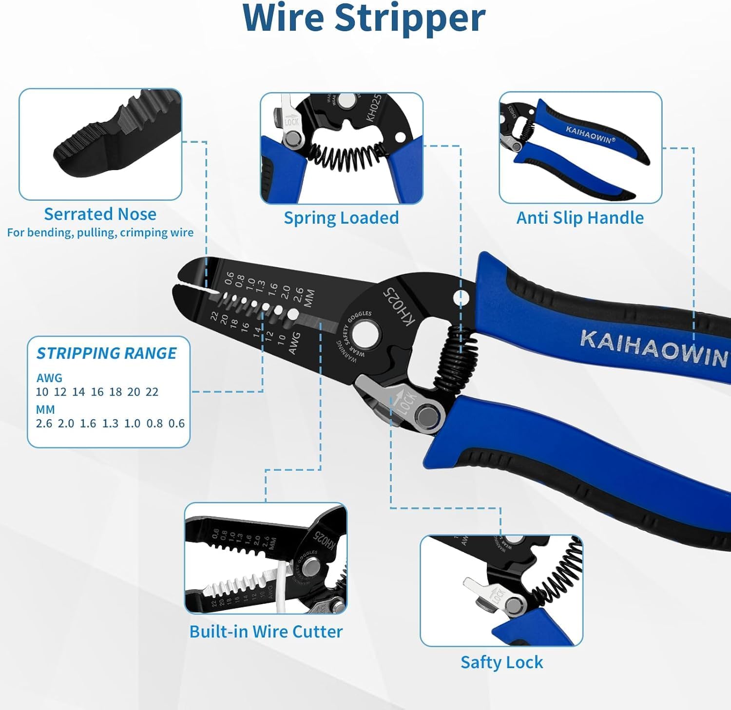 KAIHAOWIN 1 Pack Wire Stripper and Cutter with Safety Lock and Spring Loaded Professional Stripping Pliers Electrican Tool Small Gauge for 10-22 AWG Stranded Wire image 4