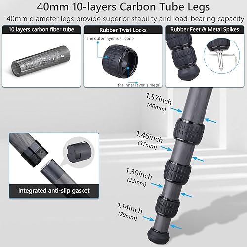 Miniatura 4 de Trípode compacto de fibra de carbono: tubos de pierna resistentes de 1.575 in, altura máxima de 63.6 pulgadas/63.8 in, soporte de viaje estable y