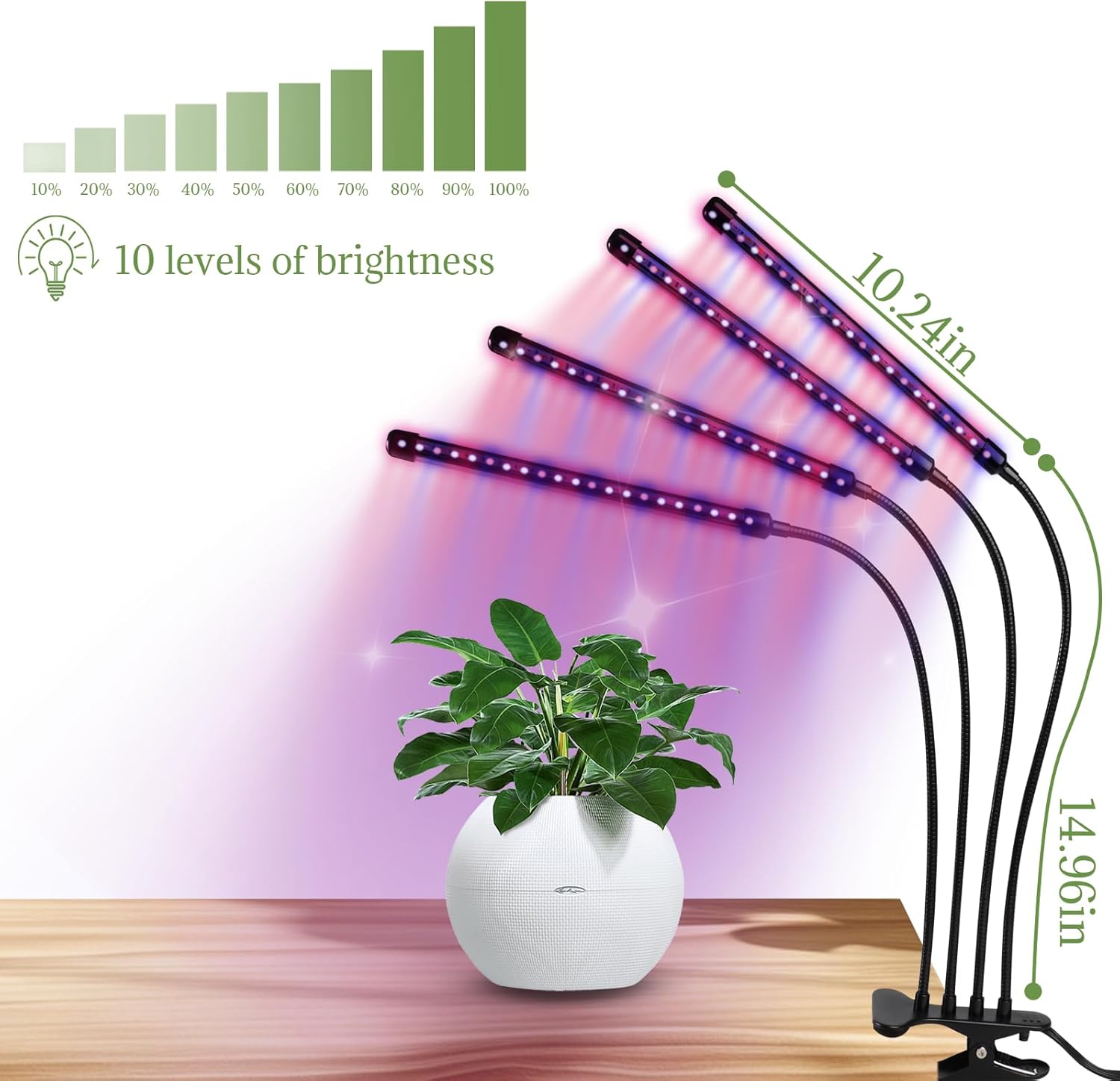 Grow Lights for Indoor Plants - Red & Blue Spectrum LED Plant Light with Auto 3/9/12H Timer, 10 Dimmable Levels & Sturdy Gooseneck - Ideal for Herbs, Succulents, Houseplants in Home/Office (1, 4-Head)