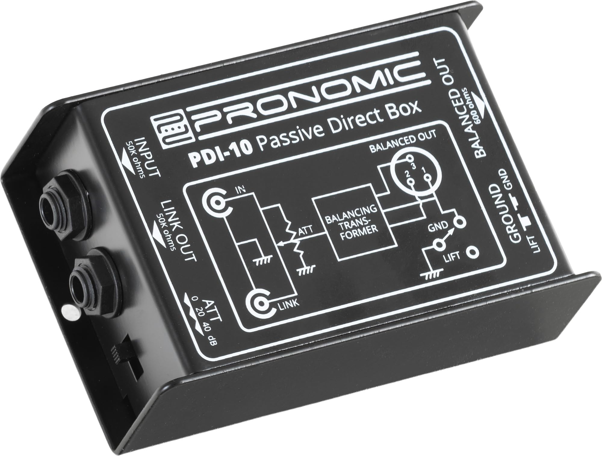 Pronomic PDI-10 Boîte DI Passive - DI Instrument 1 Canal pour Guitare, Basse, Clavier - Sortie XLR Et Jack 6,35 mm Through - Coupe-Masse - Atténuation 0/20/40 DB Pad - Noir