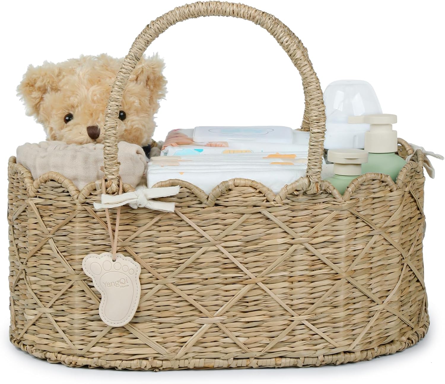 YANGQIHOME Diaper Caddy Organizer, Seagrass Nursery Baby Basket for Baby Essentials, Scalloped Wicker Diaper Caddy, Baby Shower Gifts (Diamond)