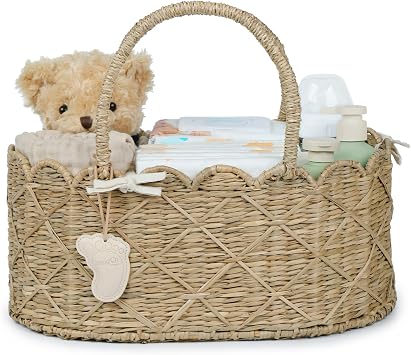 YANGQIHOME Diaper Caddy Organizer, Seagrass Nursery Baby Basket for Baby Essentials, Scalloped Wicker Diaper Caddy, Baby Shower Gifts Diamond