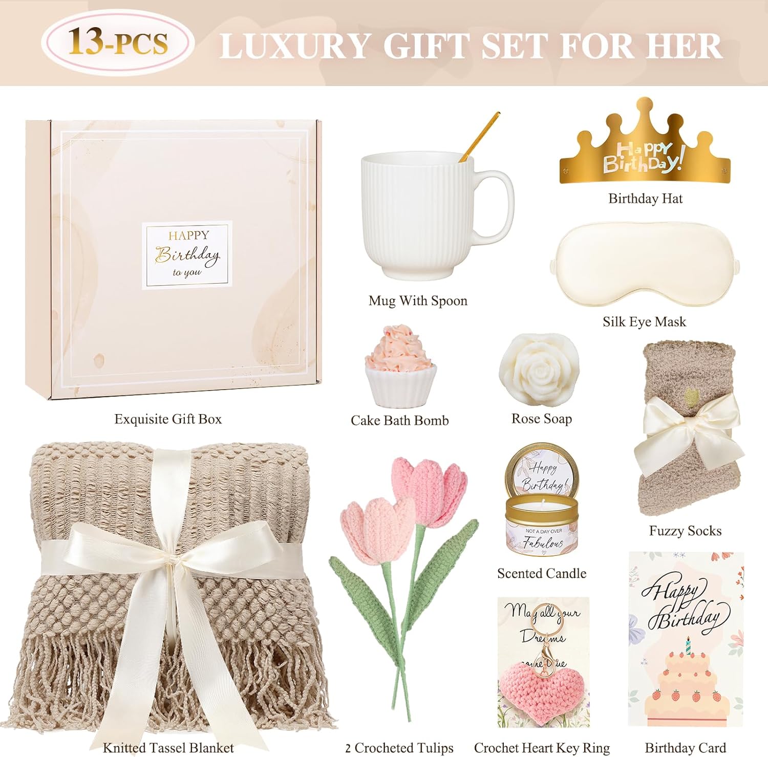 Birthday Gifts for Women - 13PCS Unique Happy Birthday Gifts Basket for Mom Her Best Friend Sister Wife Girlfriend Coworker - Relaxing Spa Self Care Package Valentines Day Gifts Set (Vanilla) - Image 2
