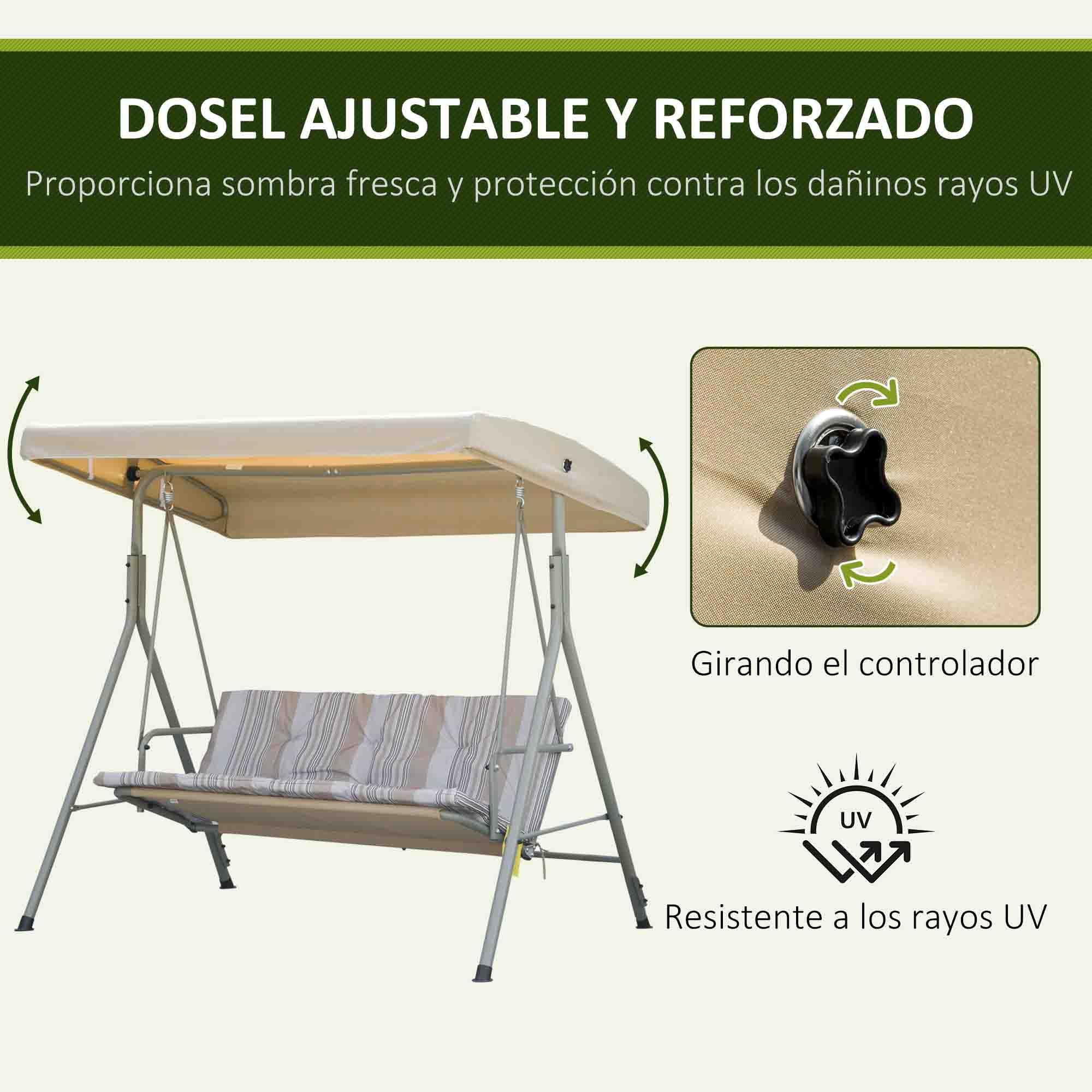 Outsunny Columpio de Jardín Exterior de 3 Plazas, Balancín de Jardín Exterior con Techo Ajustable y Marco de Acero, para Balcón, Terraza, Patio, Carga 210 kg, 172x110x156 cm, Marrón Claro