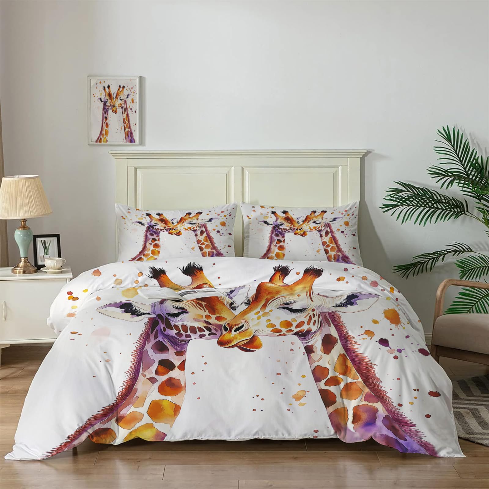 Parure de lit girafe avec housse de couette et 2 taies d'oreiller