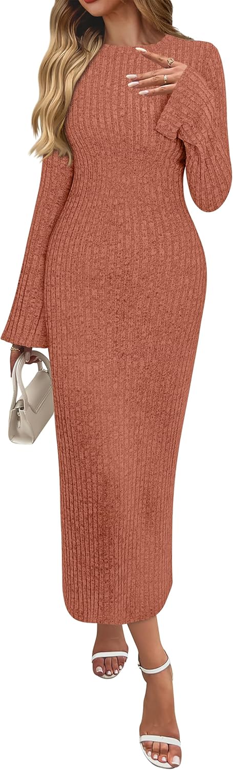 ANRABESS Womens Bodycon Maxi Dresses 2025 Fall Casual Flare Sleeve Crewneck Lounge Comfy Sexy Ribbed Knit Long Sweater Dress