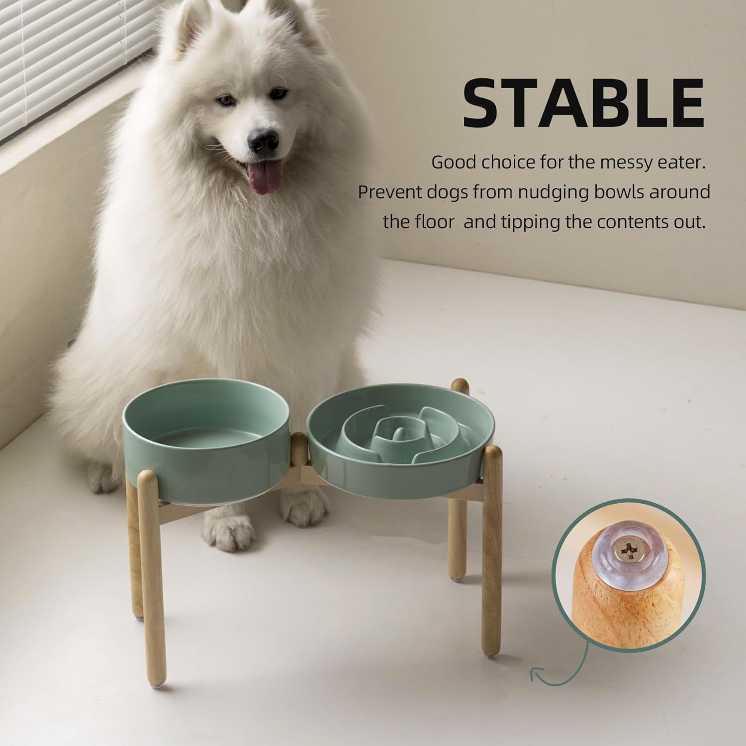 3.2 Cup Ceramic Raised Slow Feeder Dog Bowl Set, Elevated 8.2inch Bowl and 9.5inch Puzzle Slow Food Dish with Wooden Stand for Large Dog, Anti-Gulping (2 x Light Green+ Stand) - Image 7