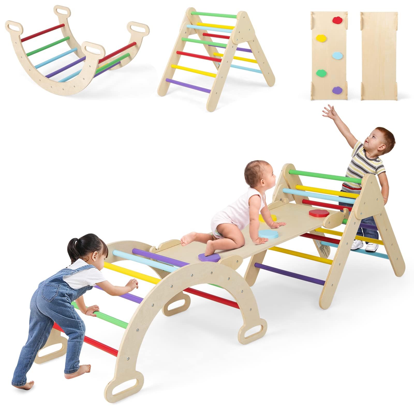 Olakids Pikler Triangle Set 7 in 1 Climbing Toys for Toddlers 1-3 Indoor Kids Activity Playground with Slide Ramp Arch Rocker Ladder Inside Foldable Wooden Montessori Jungle Gym (Polychrome)