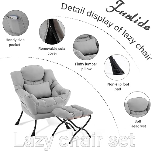Miniatura 6 de Silla Lazy con otomana, moderna silla de estar con almohada lumbar, sillón de lectura acogedor y reposapiés plegable para dormitorio, sala de estar,