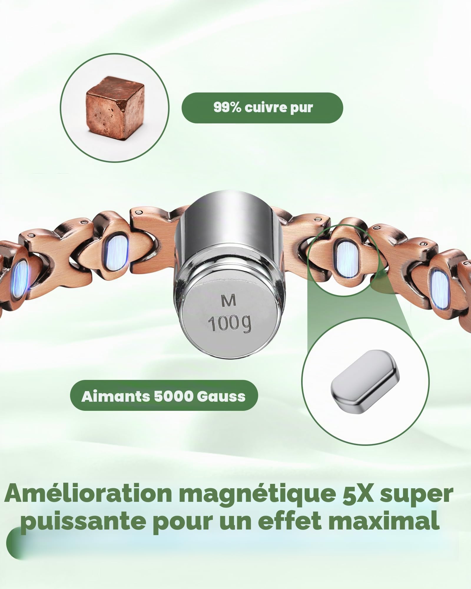 Jeracol Bracelet magnétique en cuivre avec aimant ultra puissant
