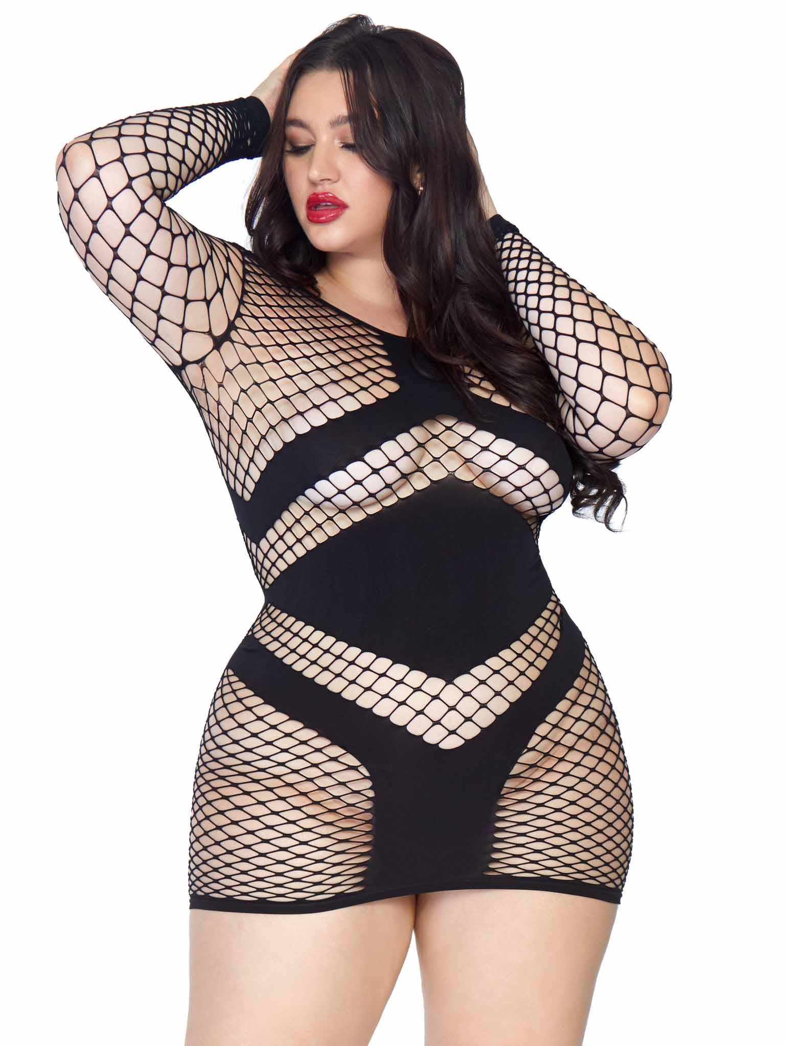 Leg Avenue Women's Plus Size Sexy Diamond Black Fishnet Mini Dress Lingerie