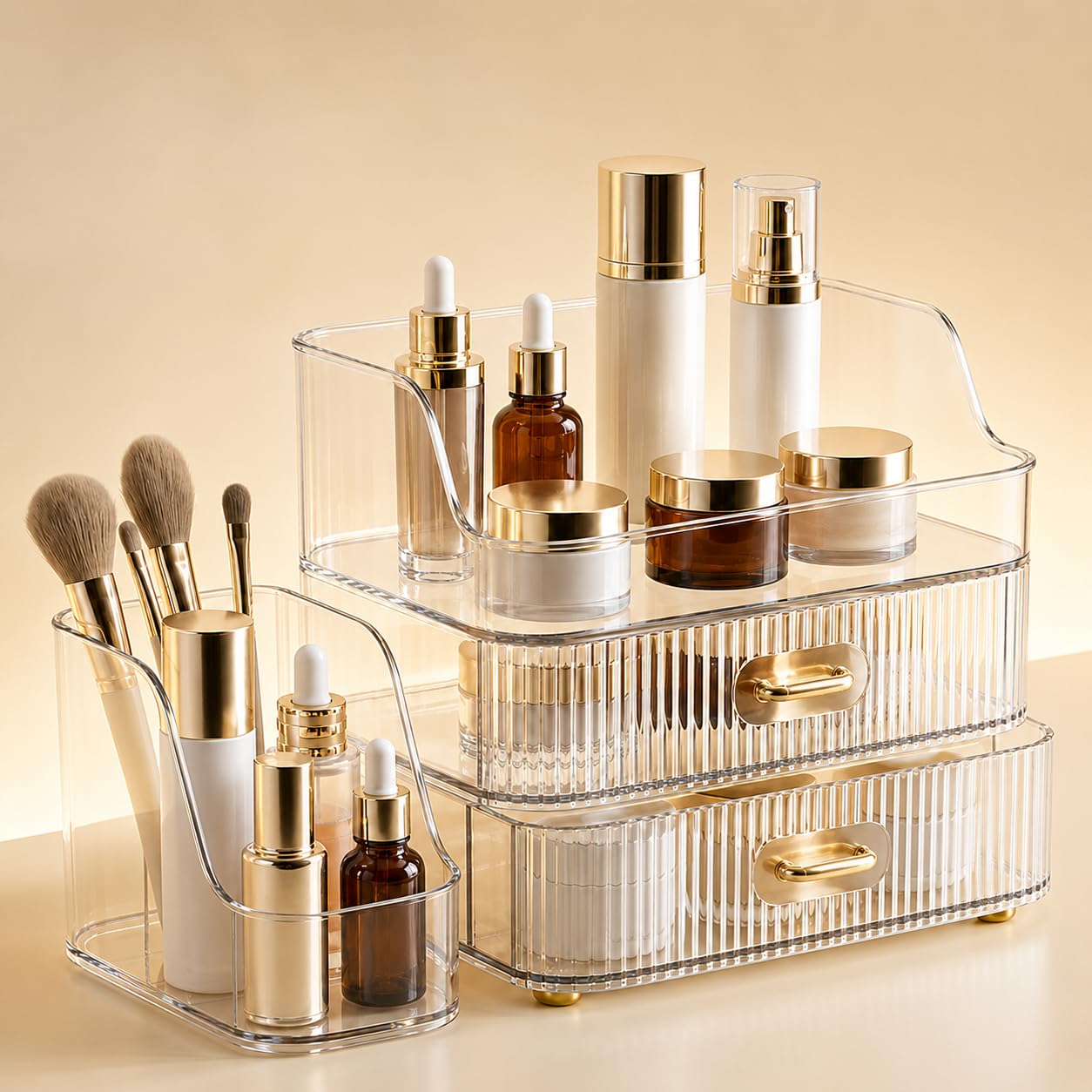 Organizador de maquillaje acrílico transparente con 2 cajones, caja de almacenamiento de cosméticos, 27 x 18,2 x 19 cm