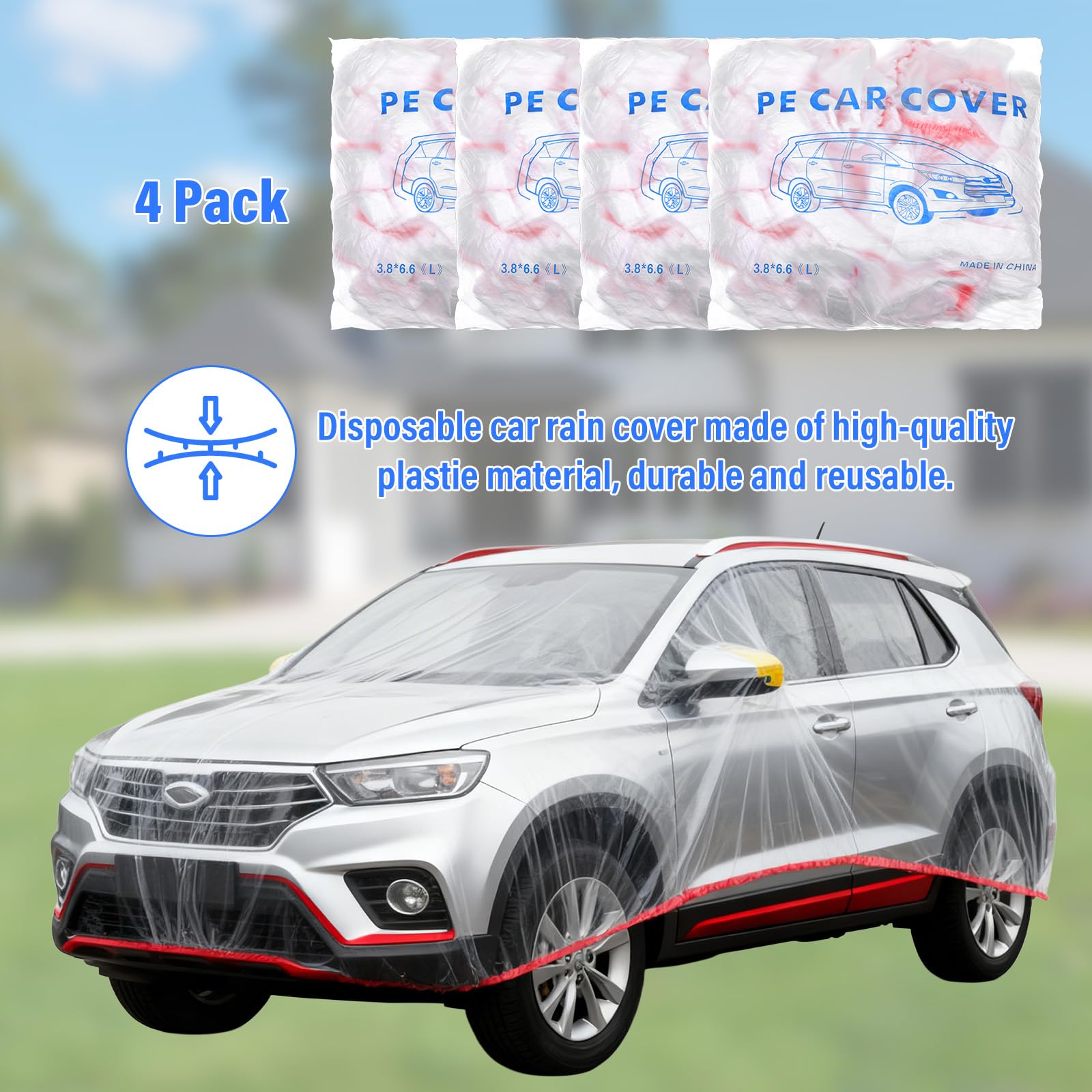 4 Pack Disposable Car Cover Clear Plastic Car Cover Universal Rain Dust Garage Covers with Elastic Band Medium — view 6