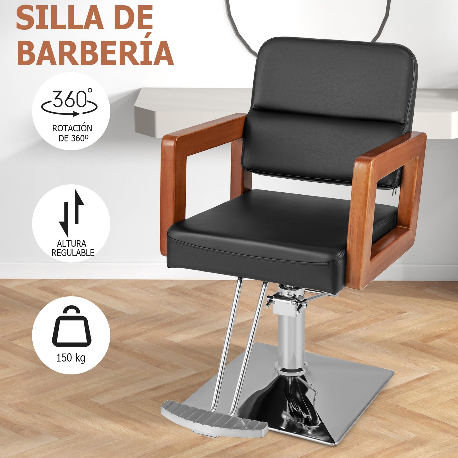 COSTWAY Silla de Peluquero Hidráulica de Alta Resistencia, Silla de Salón con Giro de 360°, Reposacabezas y Asiento Ajustables, Silla para Equipo de SPA con Apoyabrazos de Madera Maciza