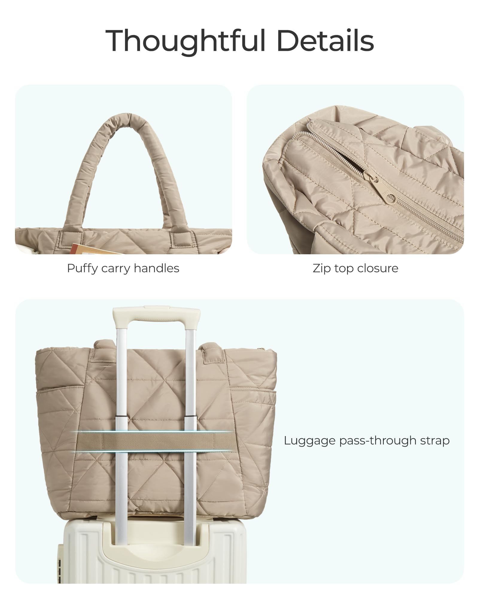 bagsmart Handtasche Damen Shopper Tasche, Puffer Tote Bag Arbeitstasche 15,6 Zoll Laptoptasche Lehrertasche mit Reißverschluss, Leichte taschen für Reisen, Arbeit, Schule und Strandurlaub