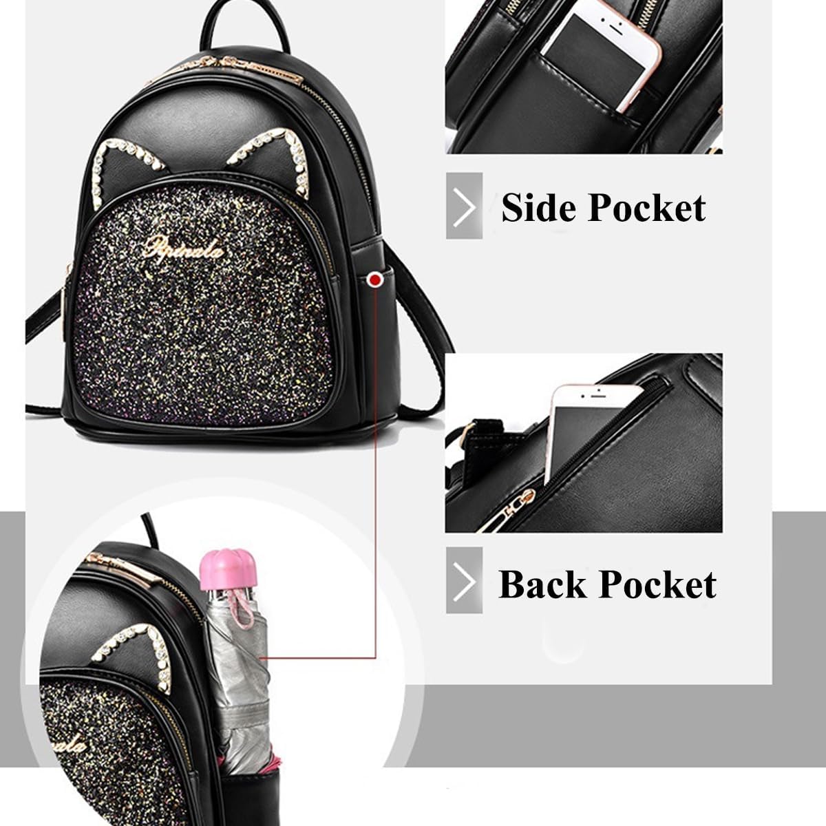 Cartoon Cat Mini Cute Backpack Wallet For Women Leisure Small Backpack Daypack PU Leather Shoulder Bag, b-black, One Size