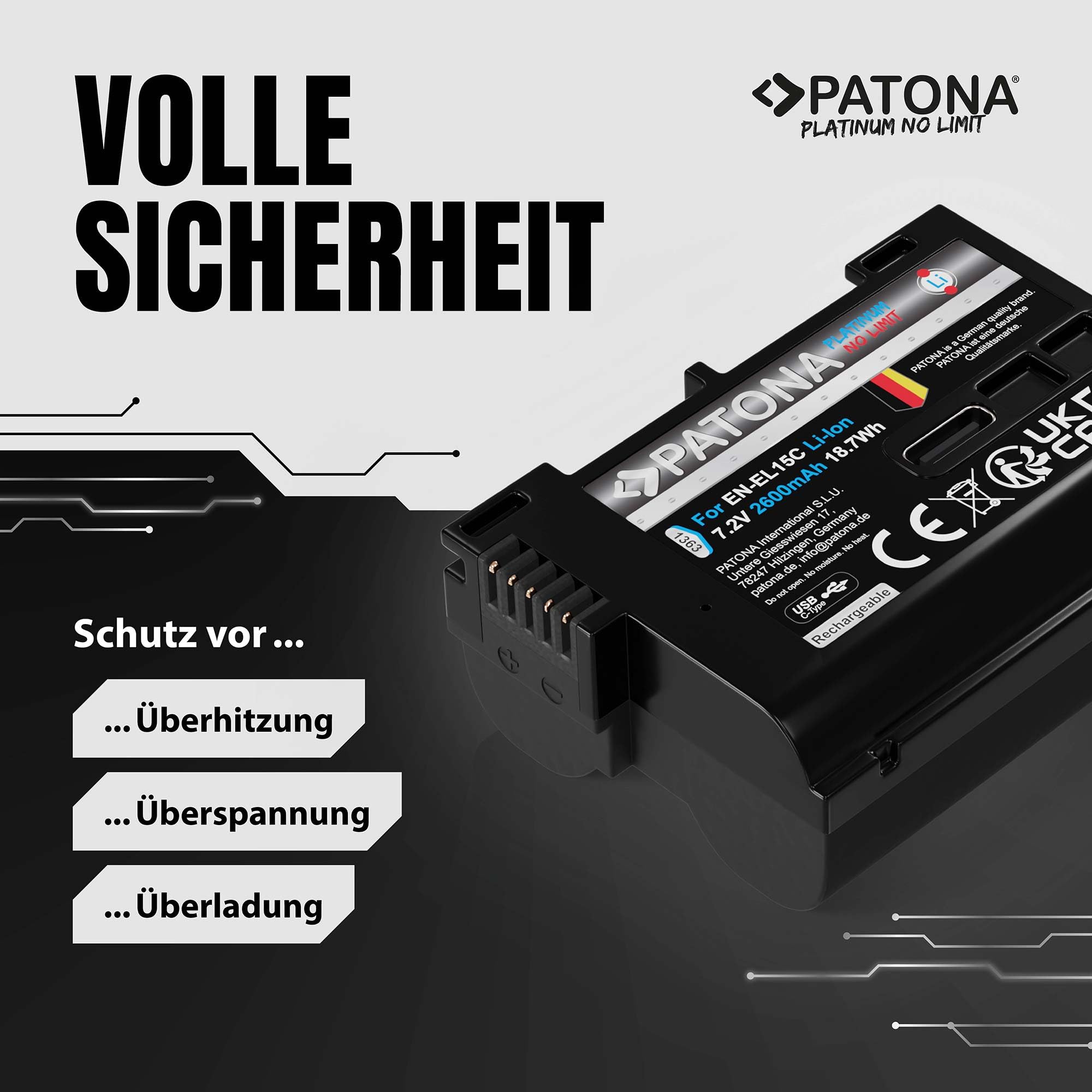 PATONA Platinum EN-EL15C Akku 2600mAh mit USB-C – Ersatz für Nikon EN-EL15 EL15b EL15c – kompatibel mit Z5 Z6 II/III Z7 II Z8 ZF D7500 D850 D780 D750 D500 – direkt am Akku Laden