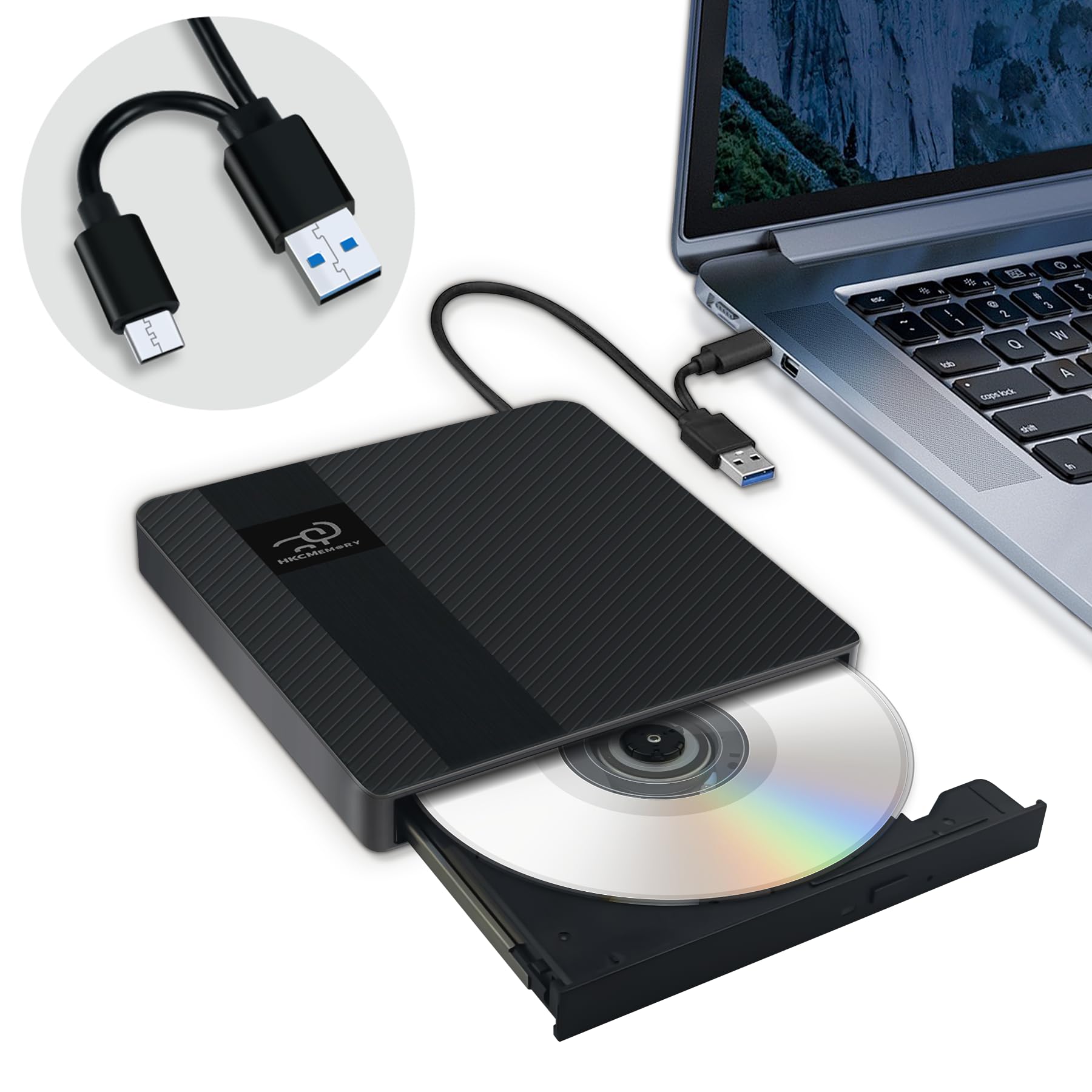 Unidad externa de CD/DVD USB 3.0 y tipo C, delgada y portátil, grabadora de DVD +/-RW, lector de CD ROM, compatible con laptop, PC, Mac, MacBook Pro/Air, Windows 11/10/8/7/XP, Linux (2 en 1)