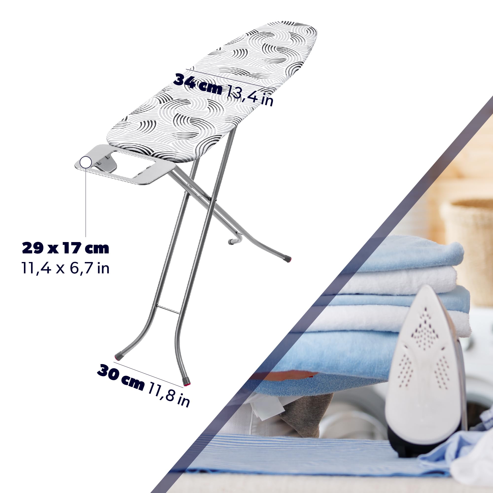KADAX Deska do prasowania 114 x 34 cm do żelazek parowych z półką na żelazko i 5 mm podkładem, metalowa siatka odprowadza parę, antypoślizgowe stopki zapobiegają przesuwaniu