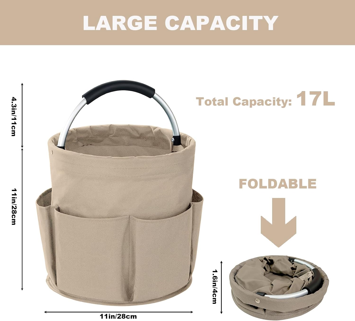 Cleaning Caddy with Handle, 17L Foldable Cleaning Supplies Organizer, Portable Storage Basket, Cleaning Supply Caddy, Multifunctional Cleaning Bucket Bag for Garden, Home, Kitchen (Khaki) image 4