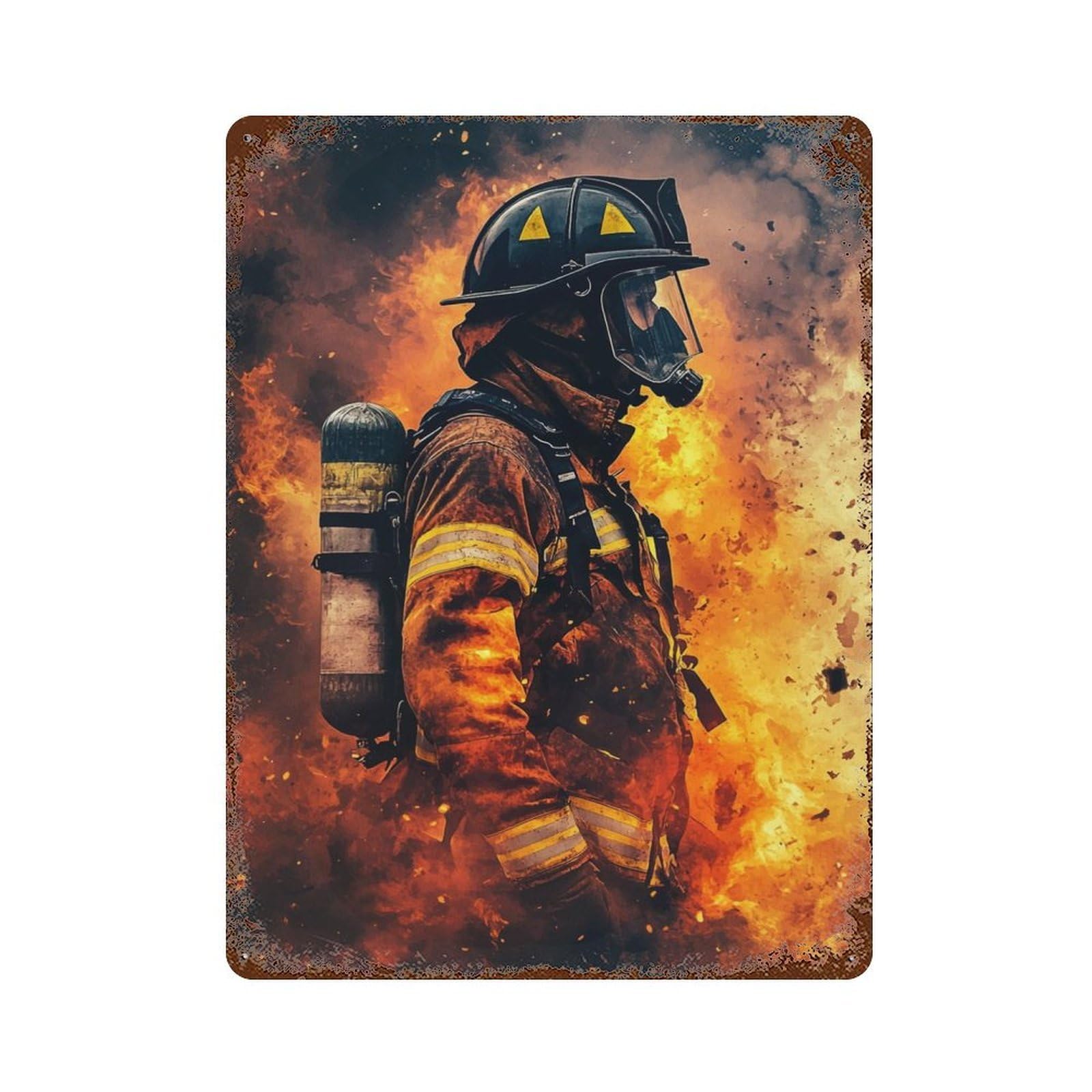 Firefighter in Action 15.7"x11.8" Rusty Metal Tin Sign, Shabby Chic Decor for Bistro, Counter And Cafe Decor