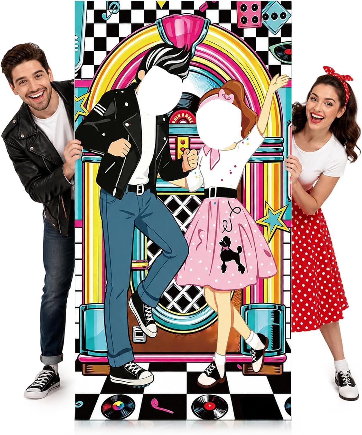 5.5ft 1950s Party Decoration Sock Hop Photo Prop Cardboard Cutout | Plastic Vintage Flapper Gentleman Couple Face in Hole Backdrop for 50s Rock and Roll Diner Theme Birthday Trunk or Treat Deco