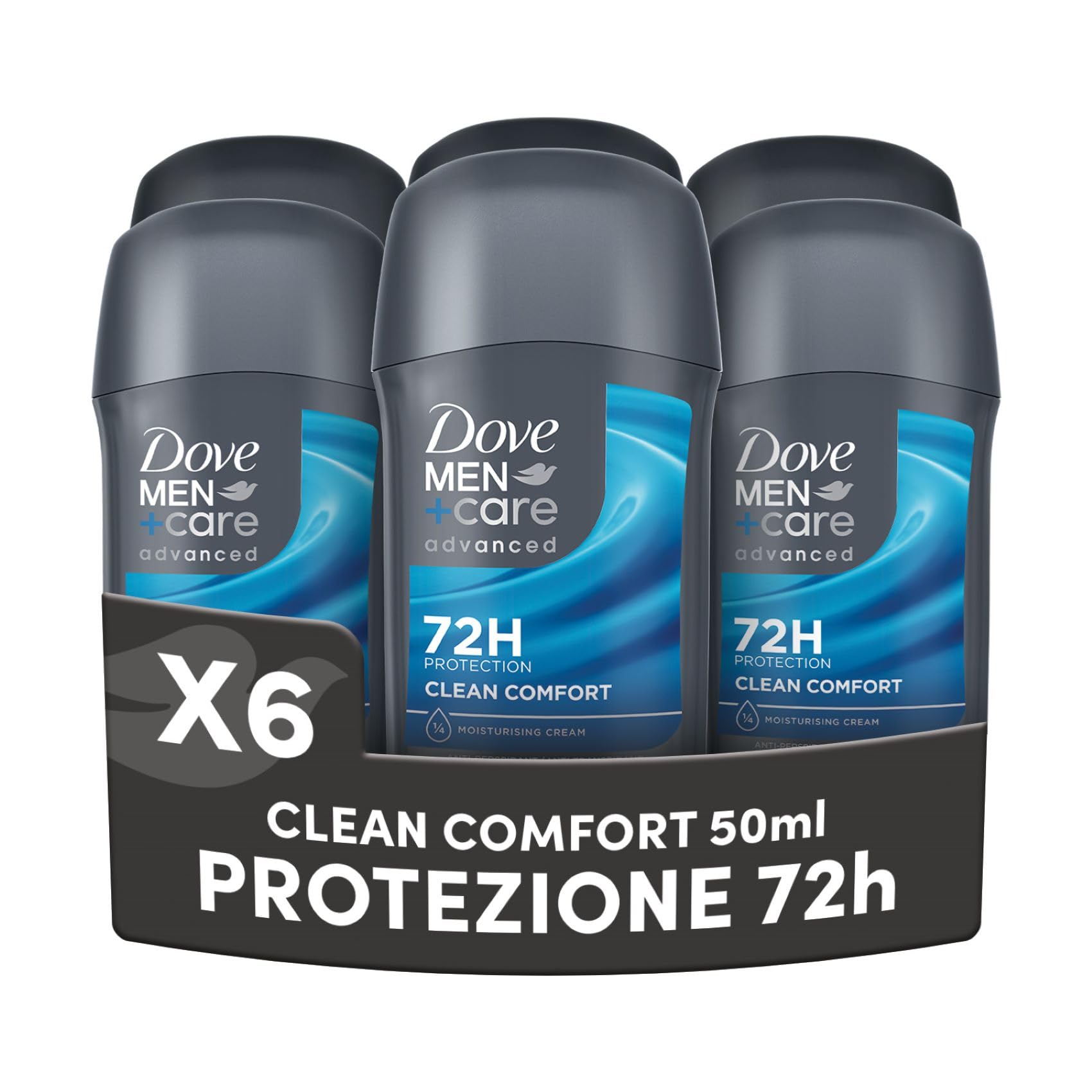 Dove Men Care, Deodorante Uomo Stick, Clean Comfort Advanced Care, Antitraspirante, Protezione Fino a 72 Ore, con Antibacterial Odour Control Technology, e 1/4 di Crema Idratante Dove, 6 Pezzi da 50ml